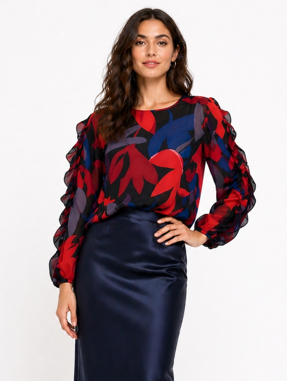 LOFT Petite Abstract Floral Ruffle Sleeve Sheer Blouse Red Blue Black XSP